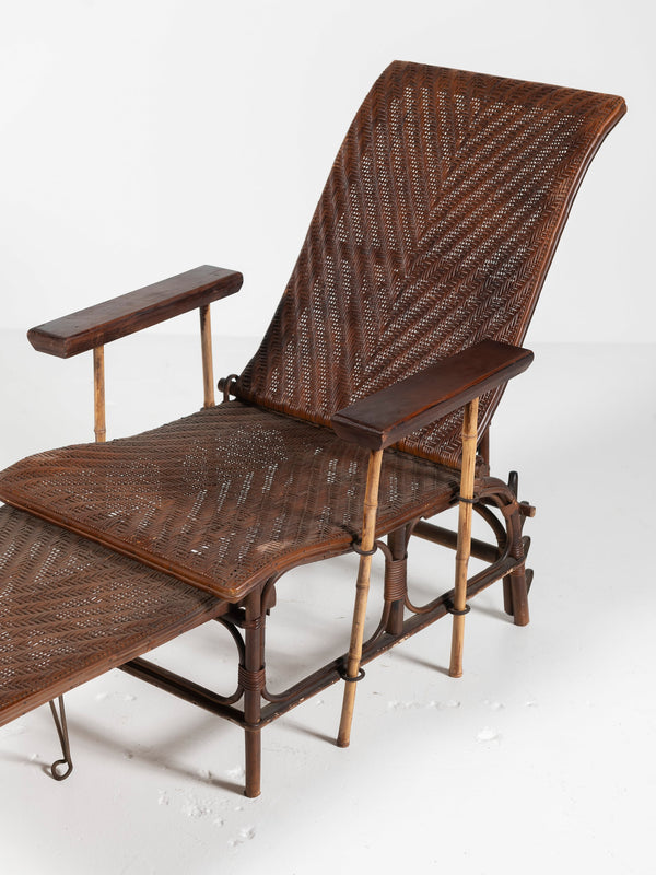 French Wicker and Bamboo Chaise with Adjustable Ottoman