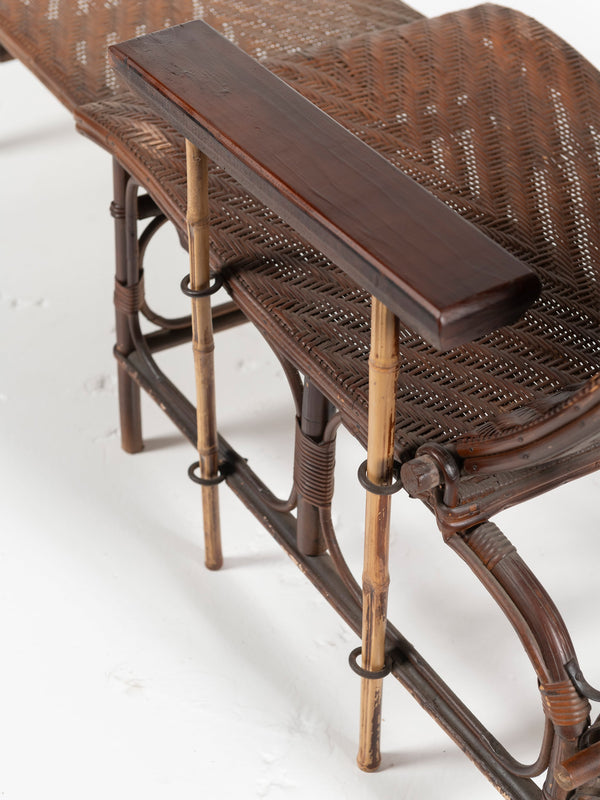 French Wicker and Bamboo Chaise with Adjustable Ottoman