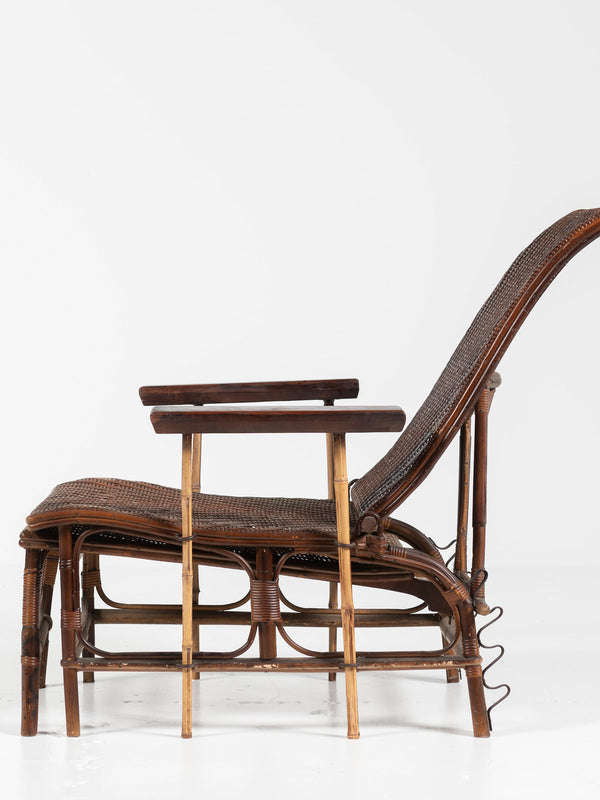 French Wicker and Bamboo Chaise with Adjustable Ottoman