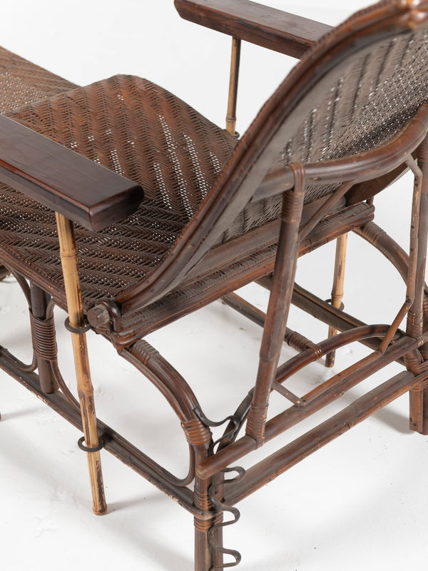 French Wicker and Bamboo Chaise with Adjustable Ottoman