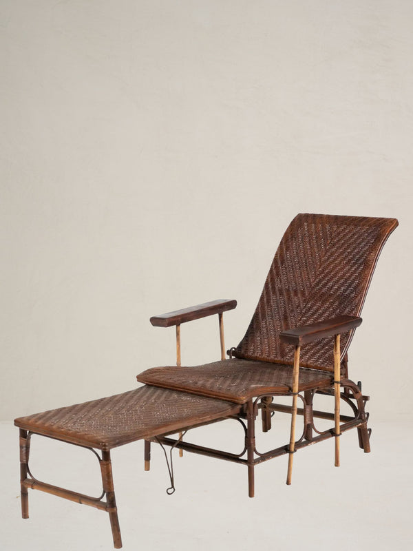 French Wicker and Bamboo Chaise with Adjustable Ottoman