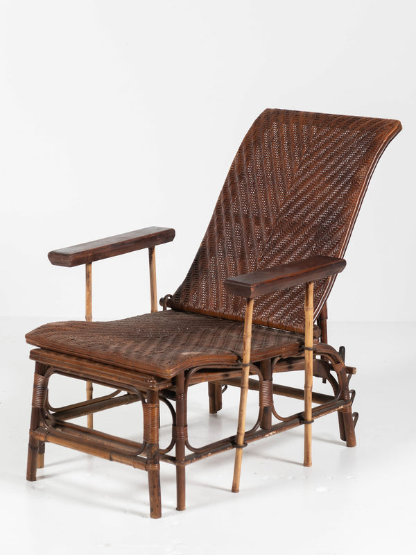 French Wicker and Bamboo Chaise with Adjustable Ottoman