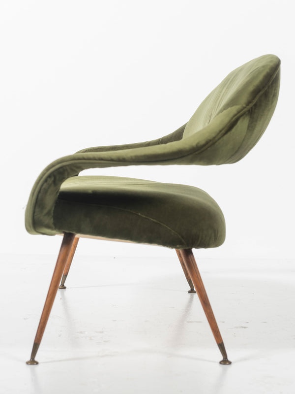 Green Velvet Sofa with Wood and Brass, Italy