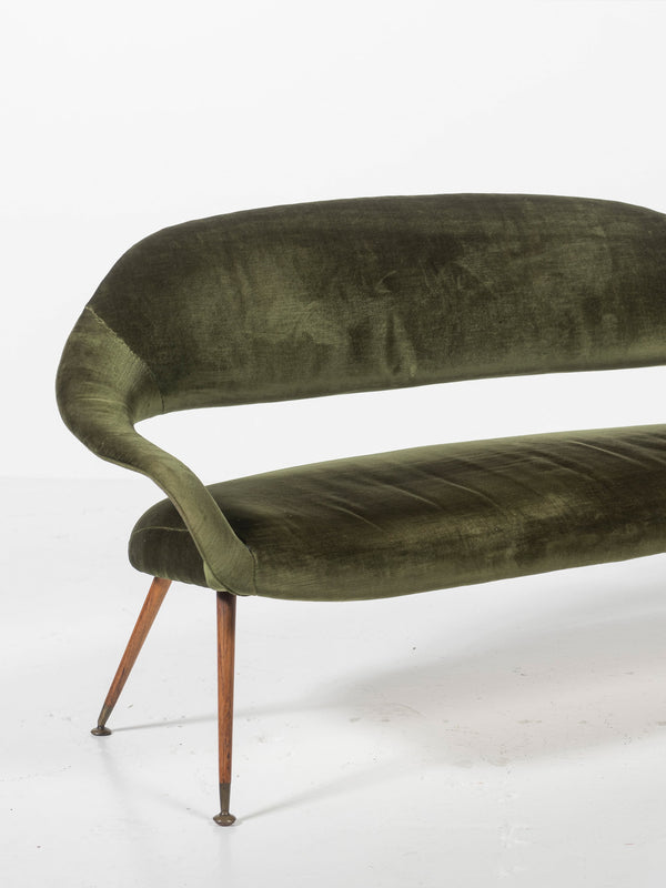 Green Velvet Sofa with Wood and Brass, Italy