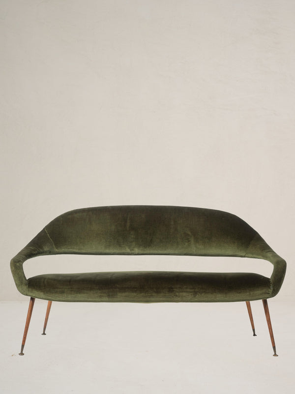 Green Velvet Sofa with Wood and Brass, Italy