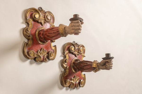 Italian Baroque Painted and Parcel Gilt Applique Candle Sconces - Pair