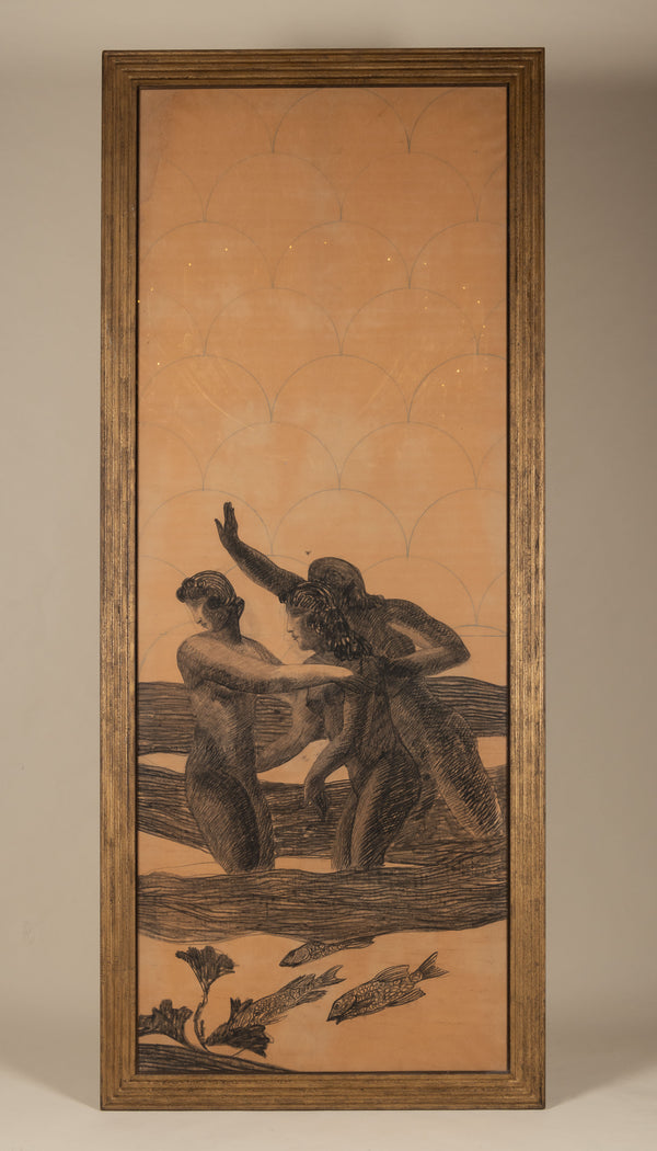 Two Men and One Woman, Charcoal Drawing