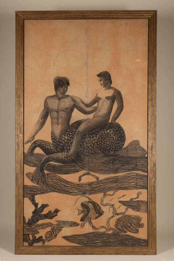 Merman and Mermaid, Charcoal Drawing