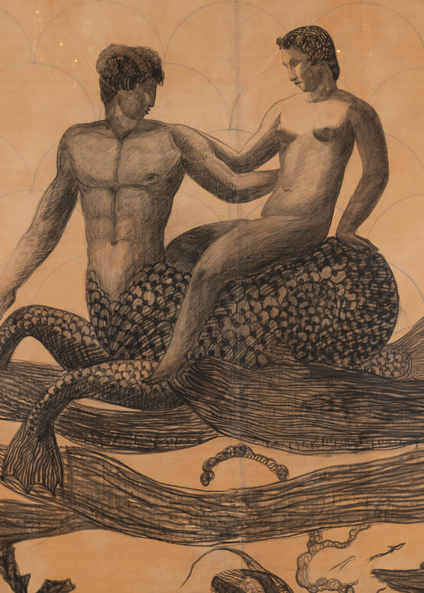 Merman and Mermaid, Charcoal Drawing