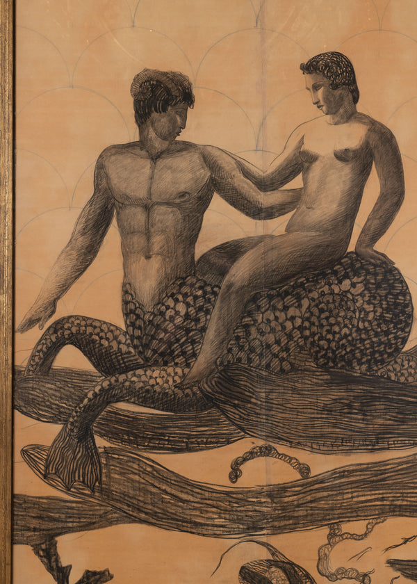 Merman and Mermaid, Charcoal Drawing