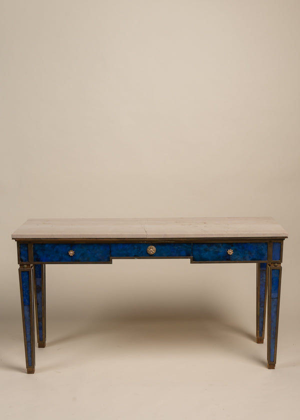 Pair of Blue Painted Glass and Marble Console Tables